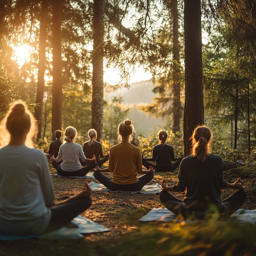 Група людей практикує йогу на світанку в горах, ретрит на природі