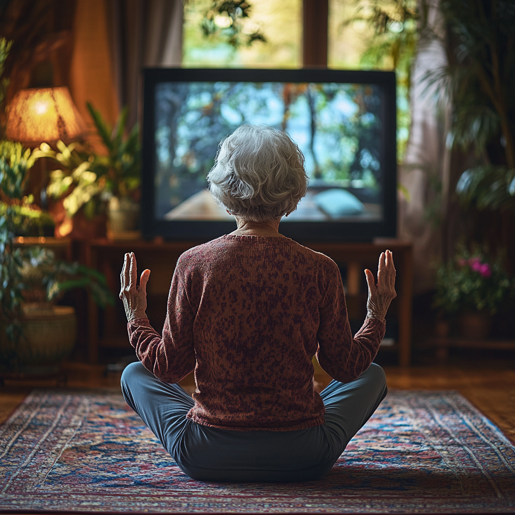 Жінка практикує йогу вдома перед ноутбуком, онлайн заняття