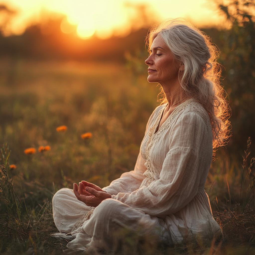 Жінка в позі лотоса на фоні заходу сонця, медитує на природі